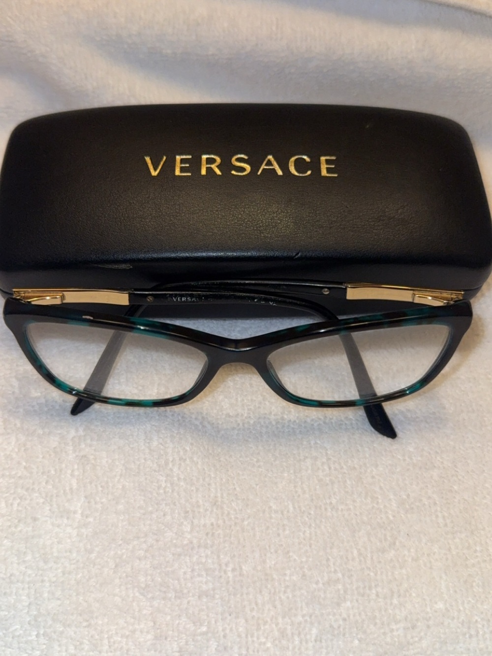 Versace Black and Green Cat-Eye Glasses with Gold Temples